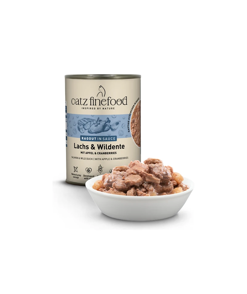 Catz Finefood Ragout Σολομός & Άγρια Πάπια — ζουμερά κομμάτια σε σάλτσα, υγρή τροφή γάτας 380gr