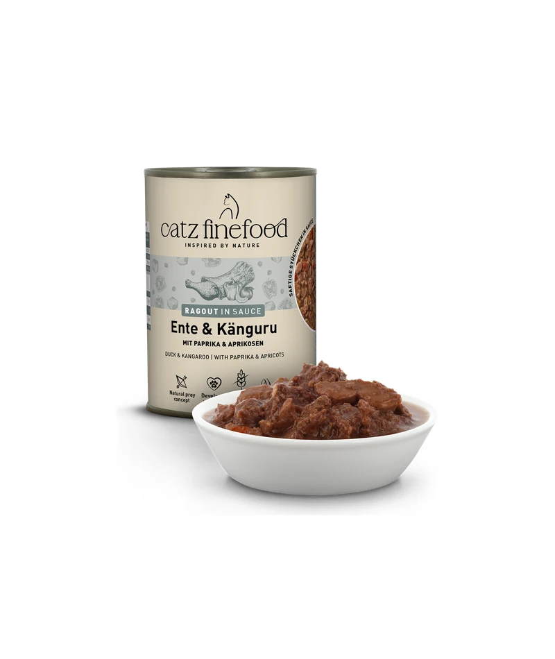 Catz Finefood Ragout Πάπια & Καγκουρό — ζουμερά κομμάτια σε σάλτσα, υγρή τροφή γάτας 380gr